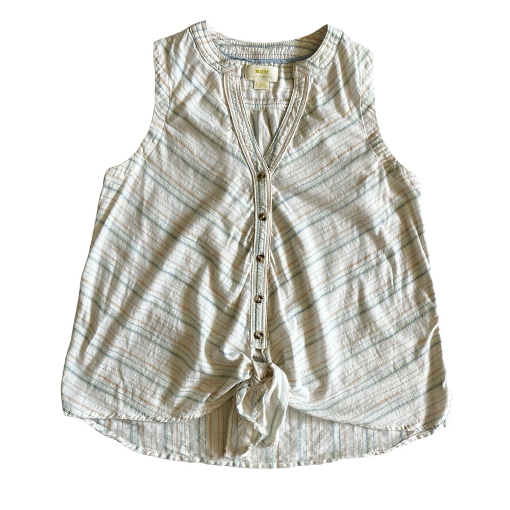 Anthropologie Maeve Womens Cotton Top Size 8 Striped Sleeveless Y Neck Front-tie